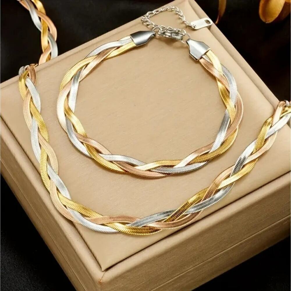 Stainless Steel Necklace Herringbone braided Tri-Colour Flat snake Chain 2 Pcs. - Picture 2 of 15